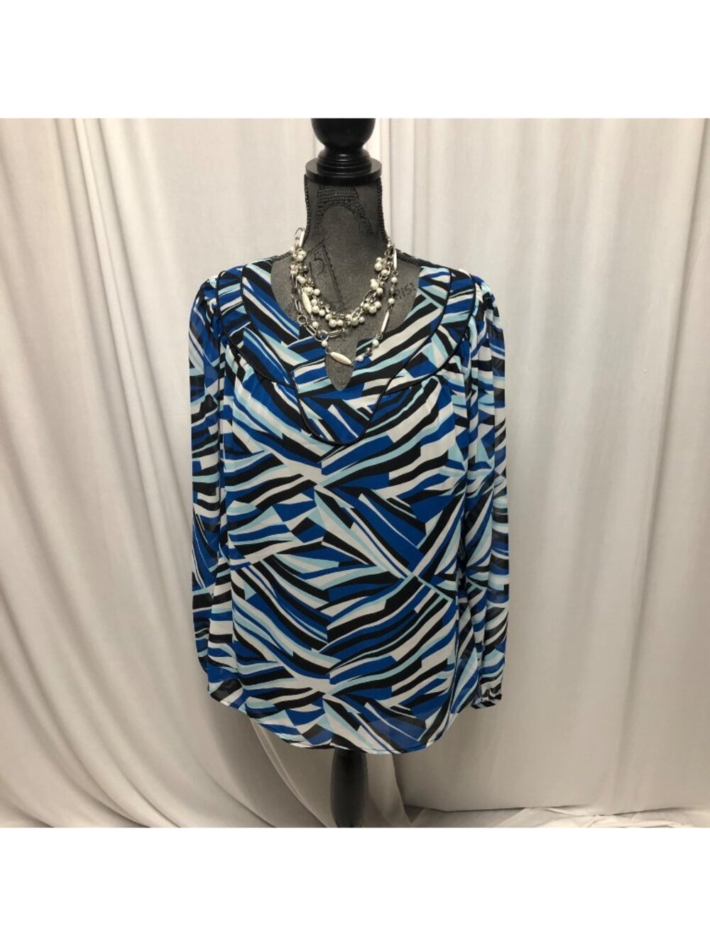 ana Blouse Womens Size XL Blue Black Gray Lined Sheer Long Sleeves Top